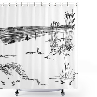 Personality  Black And White Graphic Drawing Of Sand Dunes On The Seashore On A White Background Shower Curtains