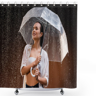 Personality  Smiling Woman In Wet Shirt With Transparent Umbrella Under Rain On Dark Background Shower Curtains