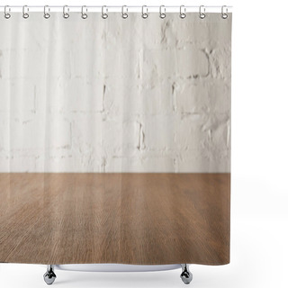 Personality  Brown Wooden Tabletop And White Wall With Bricks Shower Curtains