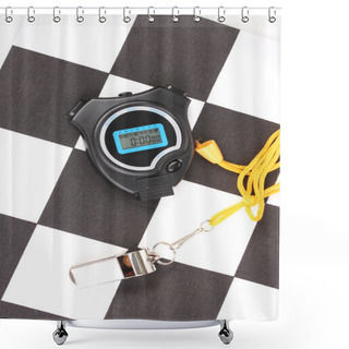 Personality  Checkered Finish Flag With Whistle And Stopwatch Close-up Shower Curtains