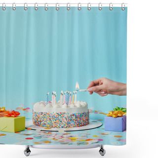 Personality  Partial View Of Woman Lighting Birthday Cake On Blue Background With Gifts And Confetti Shower Curtains