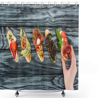 Personality  Cropped View Of Woman And Italian Bruschetta With Prosciutto, Salmon And Vegetables On Wooden Table Shower Curtains