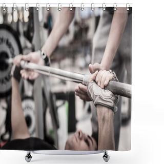 Personality  Young Man Lifting The Barbell In The Gym With Instructor. Focus On Hand. Shower Curtains