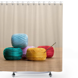 Personality  Colorful Cotton Knitting Yarn Balls On Wooden Table Isolated On Beige With Copy Space Shower Curtains
