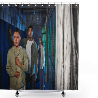 Personality  Young And Interracial Friends Walking Through Secret Passage In Quest Room, Adventure And Mystery Shower Curtains