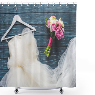 Personality  Top View Of Wedding Bouquet And White Dress On Wooden Dark Blue Tabletop Shower Curtains
