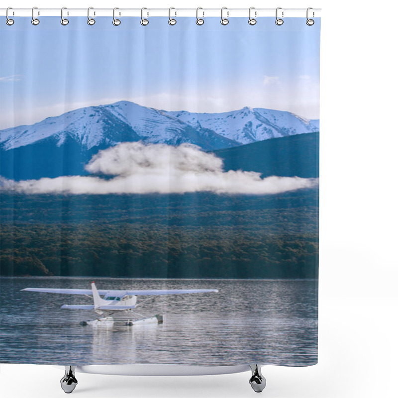 Personality  Water Plane Floating Over Fresh Water Lake Against Beautiful Mou Shower Curtains