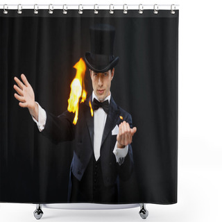 Personality  Magician In Top Hat Showing Trick With Fire Shower Curtains