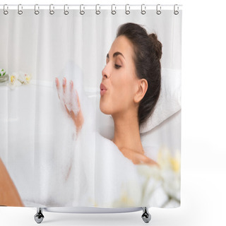Personality  Beautiful Young Woman Takes Bubble Bath Shower Curtains