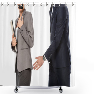 Personality  Cropped View Of Businessman In Formal Wear Molesting Businesswoman With Scotch Tape On Mouth Isolated On White, Sexual Harassment Concept   Shower Curtains
