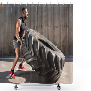 Personality  Side View Of Concentrated African American Sportsman Training With Tire On Street Shower Curtains