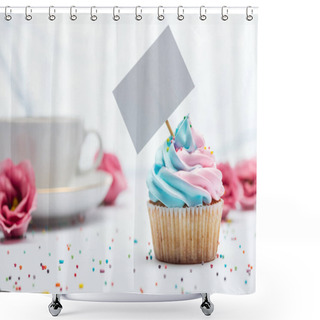 Personality  Selective Focus Of Delicious Cupcake Decorated With Sprinkles And Blank Card Shower Curtains