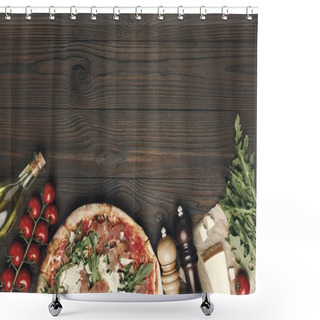 Personality  Flat Lay With Italian Pizza And Various Ingredients On Wooden Tabletop Shower Curtains