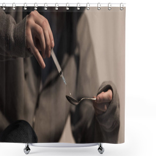 Personality  Selective Focus Of Addict Man Filling Syringe With Heroin Shower Curtains