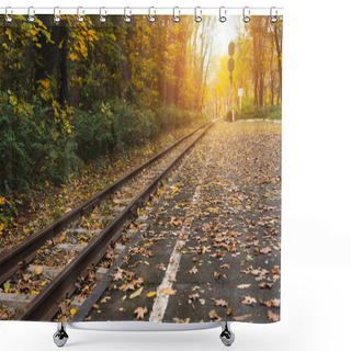 Personality  Railway Station In Autumn Forest Shower Curtains