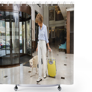 Personality  Happy Tourist With Her Labrador In A Pet-friendly Hotel Entrance, African American Woman With Dog Shower Curtains