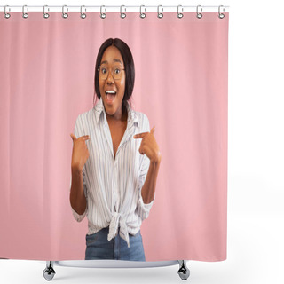 Personality  Black Girl Pointing Fingers At Herself Smiling Standing, Studio Shot Shower Curtains