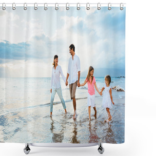 Personality  Happy Family Have Fun Walking On Beach At Sunset Shower Curtains