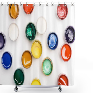 Personality  Top View Of Colorful Gouache Paints On White Background Shower Curtains