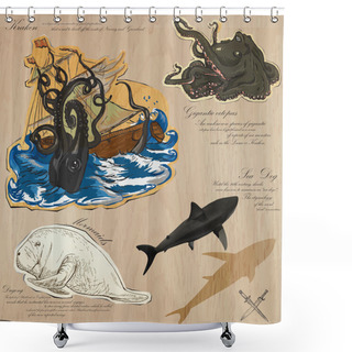 Personality  Pirates - Sea Monsters. Hand Drawn And Mixed Media Shower Curtains