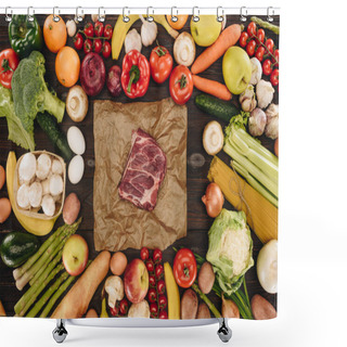 Personality  Top View Of Piece Of Raw Meat Between Vegetables And Fruits On Wooden Table Shower Curtains