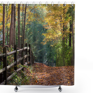Personality  Pastoral Rural Scene Of Brightly Colored Trees And Fallen Leaves On An Early Fall Morning In Wyomissing Park In Berks County, PA Shower Curtains