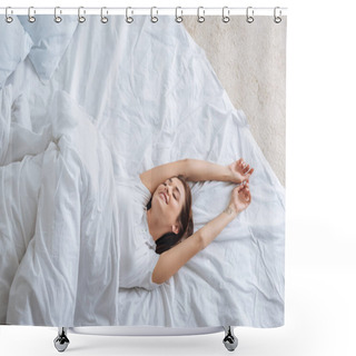 Personality  Top View Of Positive Young Woman With Closed Eyes Resting In Bed  Shower Curtains