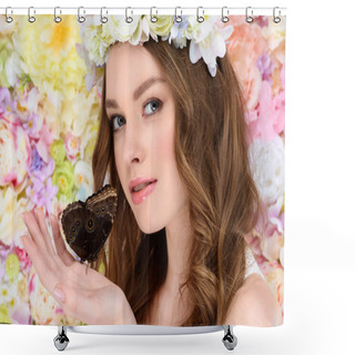 Personality  Beautiful Young Woman In Floral Wreath Holding Butterfly Shower Curtains