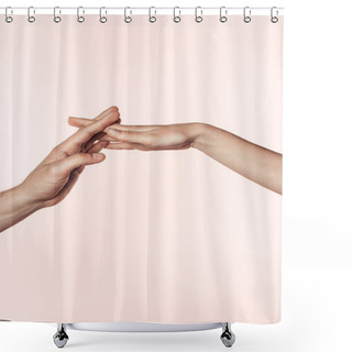 Personality  Cropped Image Of Woman And Man Joining Hands Isolated On Pink Background  Shower Curtains