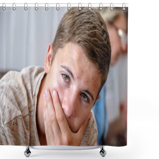 Personality  The Portrait Of Pimply Teenager Covered His Mouth With His Hand. The Concept Of Toothache, Fear, Fear Of Speaking Out, Unwillingness To Talk. Shower Curtains