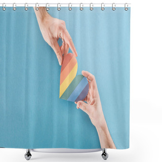 Personality  Cropped View Of Men Holding Rainbow Colored Paper Heart On Blue Background, Lgbt Concept Shower Curtains