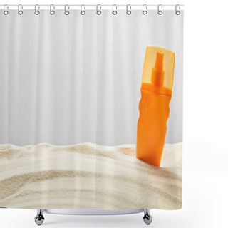 Personality  Sunscreen Cream In Orange Spray Bottle In Sand On Grey Background Shower Curtains