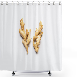 Personality  Top View Of Ginger Roots On White Background Shower Curtains