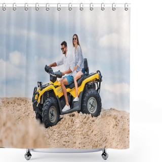 Personality  Happy Young Couple Riding All-terrain Vehicle In Desert On Cloudy Day Shower Curtains