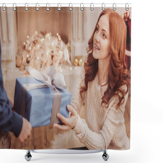 Personality  Portrait Of Positive Mother Presenting A Gift For Her Child Shower Curtains