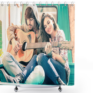 Personality  Romantic Couple Of Lovers Playing Guitar On Old Fashioned Mini Car - Nostalgic Retro Concept Of Love With Soft Focus On The Faces Of Boyfriend And Girlfriend - Overexposed Desaturated Vintage Filter Shower Curtains