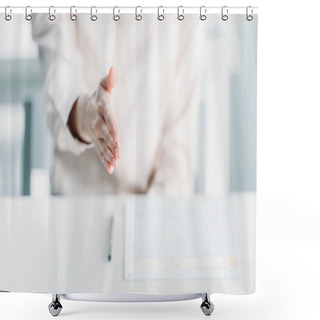 Personality  Businesswoman With Document On Tabletop Shower Curtains
