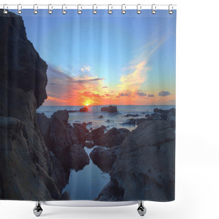 Personality  Long Exposure Of Sunset Over Rocks Shower Curtains