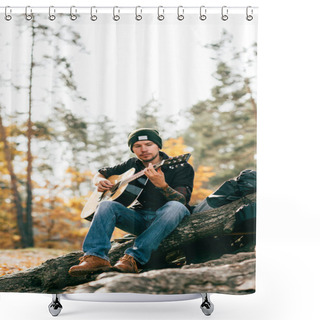 Personality  Adult Male Playing Acoustic Guitar Sitting On Tree In Park  Shower Curtains