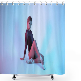 Personality  Young Ballerina In Bodysuit And Pointe Sitting On Blue And Pink Background Shower Curtains