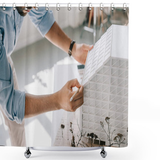 Personality  Cropped Image Of Architect Working With Architecture Model On Table In Office  Shower Curtains