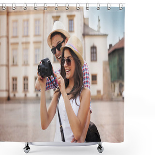 Personality  Cute Couple Looking On Their Photos On Camera Shower Curtains