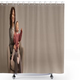 Personality  Modern Working Parent, Balancing Work And Life Concept, Joyful Woman In Suit Sitting In Armchair With Toddler Daughter, Grey Background, Mother And Child, Motherhood, Quality Time, Banner  Shower Curtains