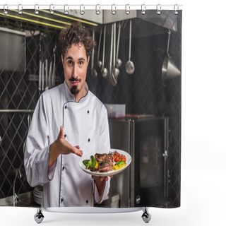 Personality  Handsome Chef Showing Cooked Vegetables With Meat On Plate Shower Curtains