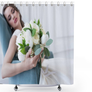 Personality  Selective Focus Of Bride With Wedding Bouquet Sitting In Armchair Shower Curtains