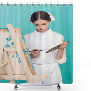 Personality  Elegant Teen Artist Painting On Easel With Brush And Palette, Isolated On Turquoise Shower Curtains
