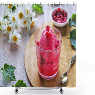 Personality  Summer Dessert, Fruit Ice Or Frozen Sorbet Or Granite From Red Currant Puree And Sugar Syrup In A Glass On A Light Concrete Background. Frozen Desserts. Shower Curtains