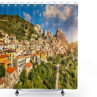 Personality  The Picturesque Village Of Castelmezzano, Province Of Potenza, Basilicata, Italy. Cityscape Aerial View Of Medieval City Of Castelmazzano, Italy. Castelmezzano Village In Apennines Dolomiti Lucane. Shower Curtains