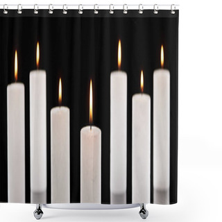 Personality  Selective Focus Of Burning White Candles Glowing Isolated On Black, Panoramic Shot Shower Curtains