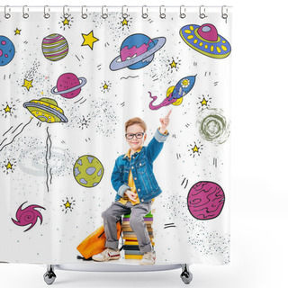Personality  Smiling Schoolboy Pointing Up While Sitting On Pile Of Books With Backpack, Isolated On White With Fantasy Universe, Planets And Spaceships Shower Curtains
